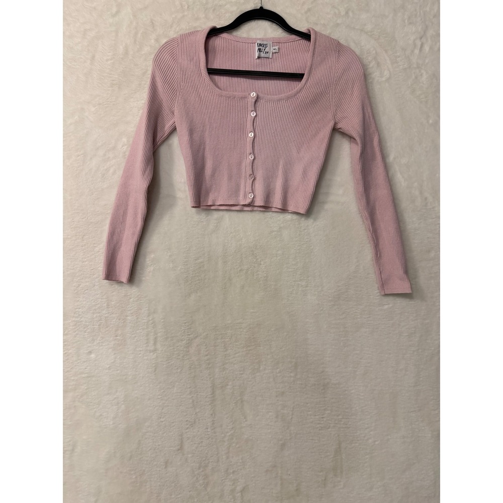 Princess Polly Pink Ribbed Knit Cropped Cardigan Square Neck Button Front M/L